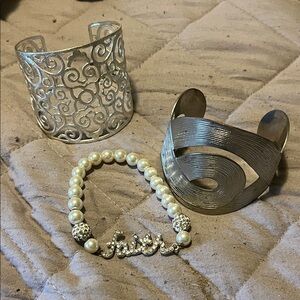 Costume jewelry— Silver Cuff Bracelets and Stretch Faith Pearl bracelet bundle